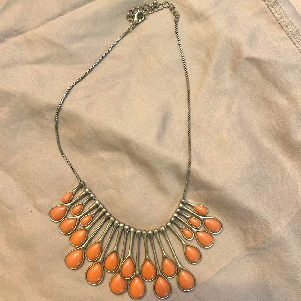 J Crew Coral Orange Enamel Teardrop Statement Bib Necklace Antiqued Gold Tone